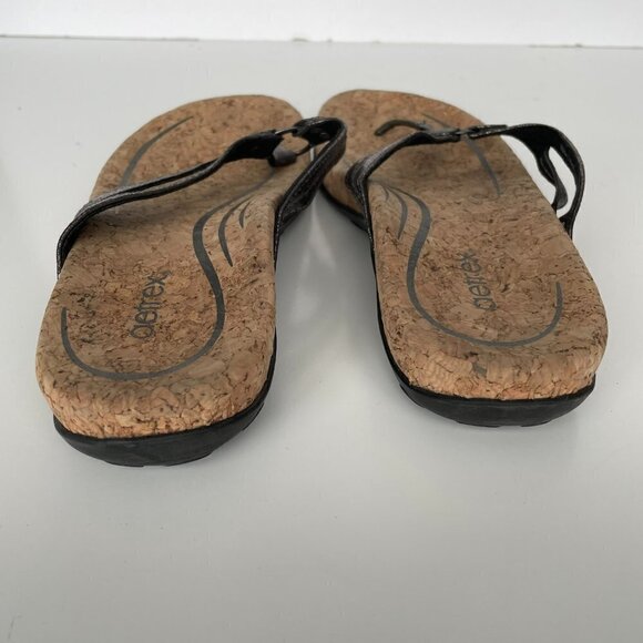Aetrex Taylor Metallic Leather Cork Footbed Casual Thong Sandals Pewter Gray 6 - Picture 4 of 8